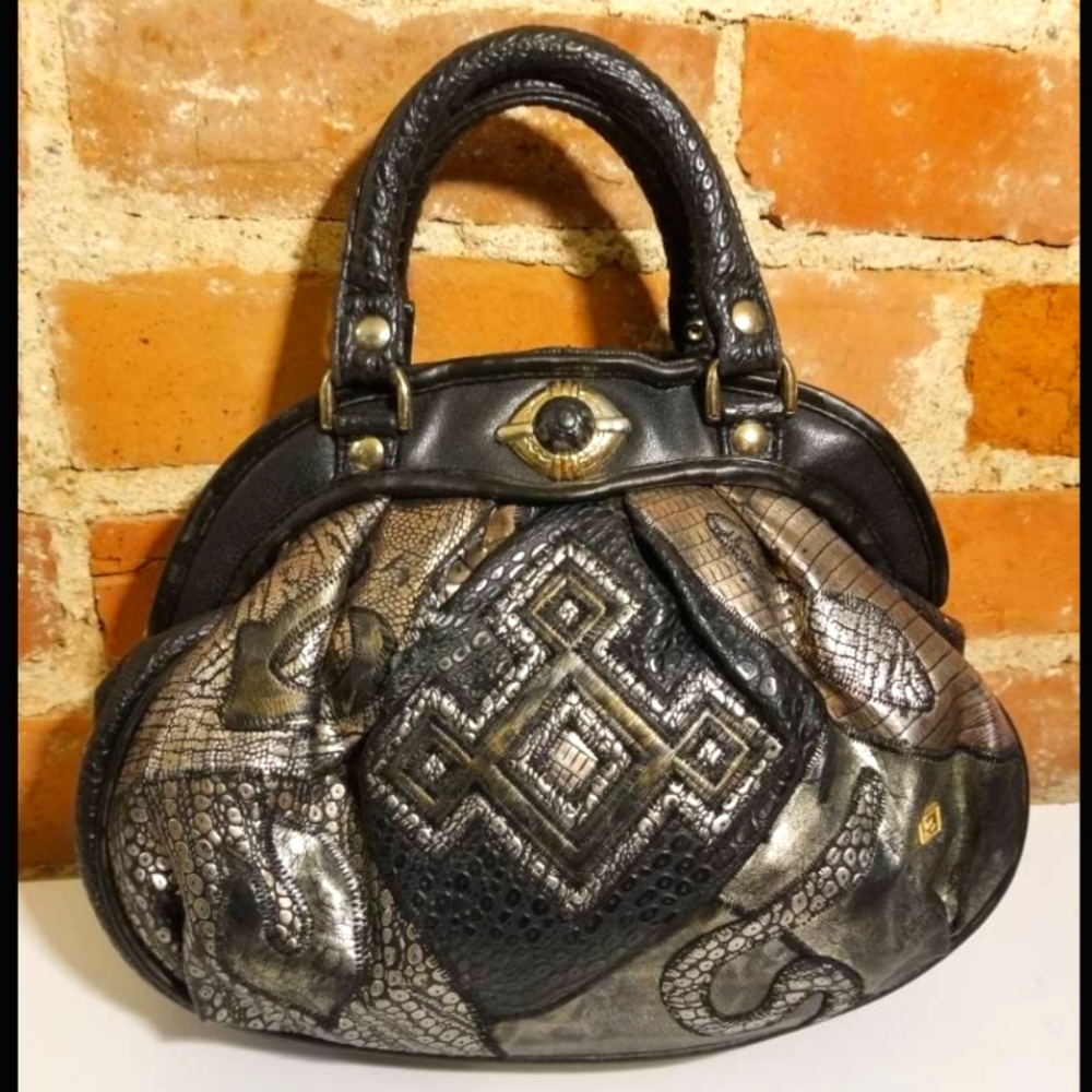 VINTAGE NAS PURSE BLACK FAUX LEATHER 80S HANDBAG MOC CROC HIPSTER PUNK GOTH MOD